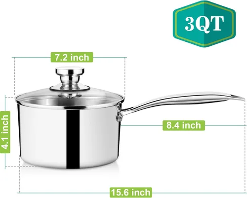 Miniatura 2 de P&P CHEF Olla y cacerola de tres capas de 3 cuartos de galón, sartén de acero inoxidable con tapa, olla de inducción de cocina, utensilios de cocina