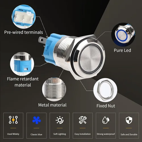 Miniatura 4 de STARELO 5 piezas 16 mm interruptor de botón de presión LED momentáneo, carcasa plateada, interruptor de botón de presión impermeable IP65, 1NO 1NC