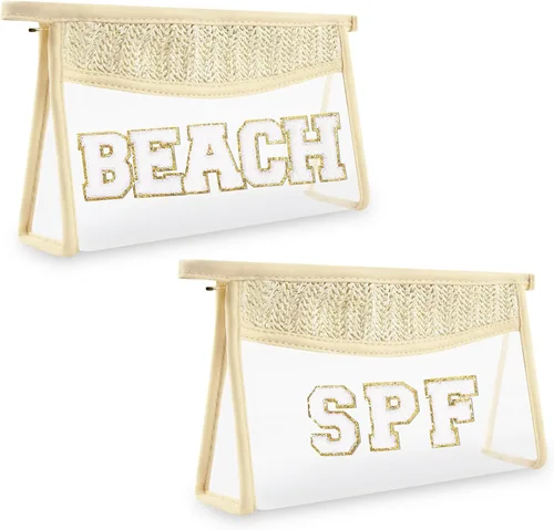 Miniatura 15 de Iqimott 2 bolsas de maquillaje con parches transparentes, bolsa de letras boho para nadar en la playa, bolsas de maquillaje impermeables