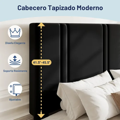 Miniatura 4 de Allewie Marco de cama de plataforma de tamaño matrimonial con cabecera ajustable, tapizado de terciopelo de felpa, canal vertical acolchonado, Negro