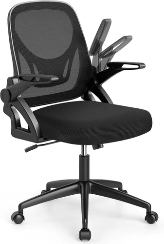 Giantex Silla de oficina de malla, silla de escritorio ergonómica con brazos abatibles y soporte lumbar, escritorio giratorio de altura ajustable