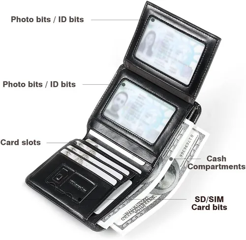 Miniatura 4 de Billetera de piel triple con bloqueo RFID para hombre con 2 ventanas de identificación, 2 compartimentos para efectivo, 6-8 ranuras para tarjetas