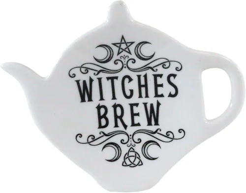Ebros Wicca Ocultismo Pentagrama Crescent Moons Witches Brew Hex Cerámica Porcelana Cuchara de té o bolsa Soporte Placa de descanso en forma de