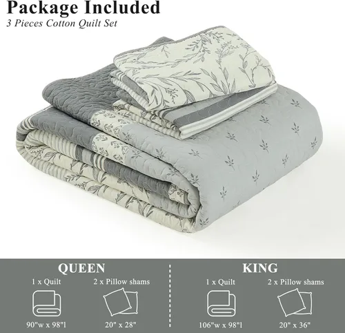 Miniatura 4 de Juego de cama tamaño queen con colcha gris y blanca, diseño floral vintage de granja, fundas a juego, 3 piezas, 100% algodón, colcha ligera