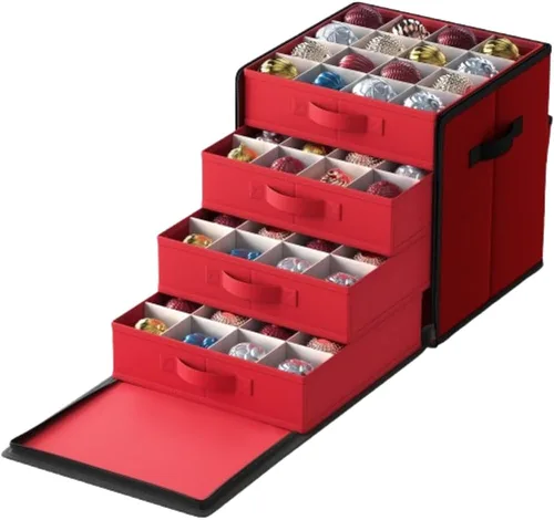 SONGMICS Caja de almacenamiento de adornos navideños, con lateral abierto, contenedor de almacenamiento de Navidad apilable con tapa, 4 bandejas de