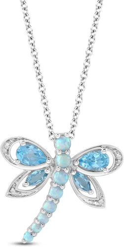 Jewelili Collar con colgante de plata de ley con múltiples piedras preciosas y diamantes, cadena Rolo de 18 pulgadas