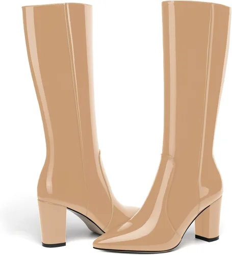 Miniatura 69 de AMBELIGHT Botas altas hasta la rodilla con cremallera y puntera puntiaguda para mujer, de patente sólida, tacón alto, 3.3 pulgadas