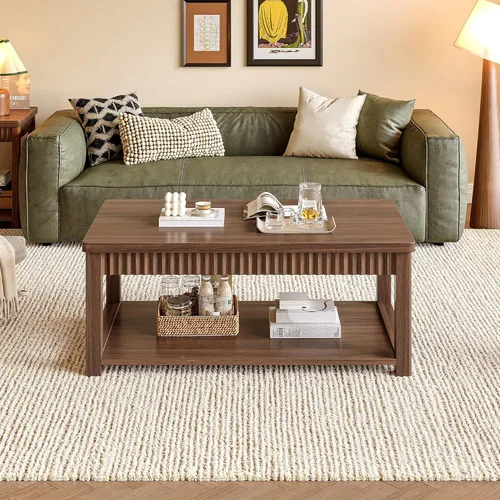 Miniatura 5 de Homkdom Mesa de Café, Mesas de Café Modernas de 39 Pulgadas para Sala de Estar con Almacenamiento de 2 Niveles y Borde Ondulado, Mesa Central