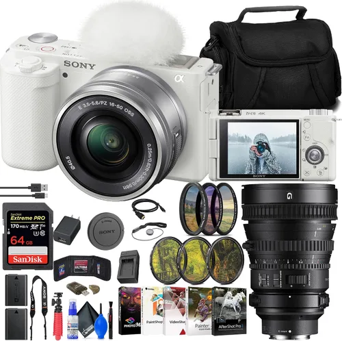 Sony Cámara sin espejo ZV-E10 con lente de 0.630-1.969 in (blanco) (ILCZV-E10L/W) + lente Sony FE PZ de 1.102-5.315 in (SELP28135G) + tarjeta de 64