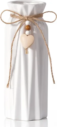 Elegante jarrón de cerámica de 8 pulgadas con patrón geométrico, jarrón decorativo con cuerda de yute y dije de corazón para decoración del hogar,