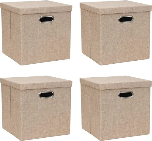 Miniatura 8 de Contenedores de almacenamiento con tapas, cajas plegables de tela de lino, contenedores organizadores con tapa, cesta de almacenamiento plegable