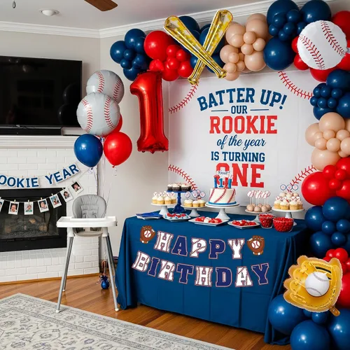 Miniatura 3 de Decoraciones de fiesta de cumpleaños de béisbol, arco de globos azul marino y rojo desnudo con bate de béisbol y guantes y pancarta de feliz