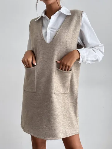 Miniatura 4 de OYOANGLE Vestido corto de punto sin mangas con cuello en V para mujer con bolsillos