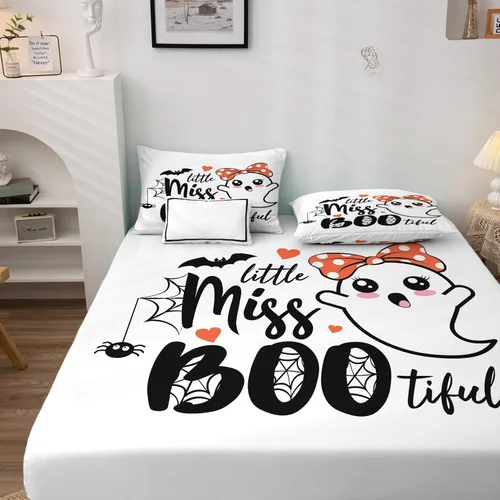 Miniatura 3 de Sábanas de Halloween tamaño individual – Juego de sábanas de fantasma lindo para niños y niñas, juego de sábanas Boo, microfibra suave y bolsillo
