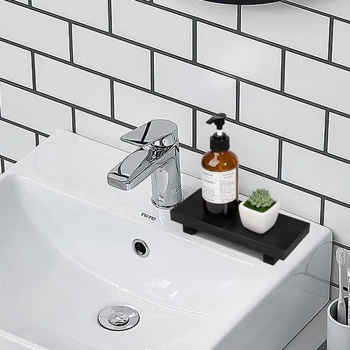 Miniatura 5 de Organizador de encimera de baño, soporte de pedestal de madera, bandeja decorativa de estilo granja, portajabones para decoración de cocina, Negro