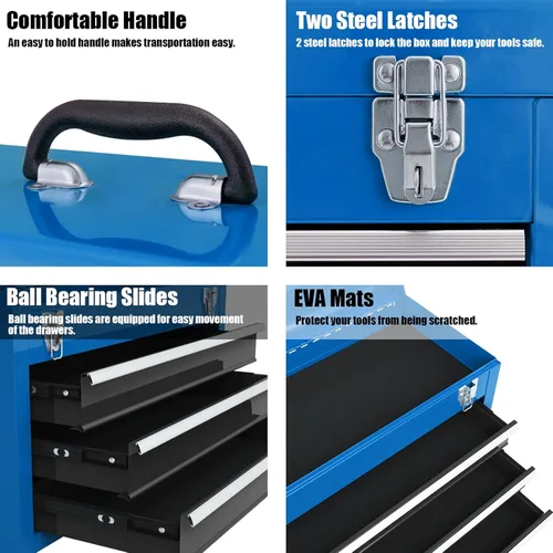 Miniatura 2 de Goplus - Caja de herramientas con 3 cajones, organizador de 4 niveles de 52 cm, caja de herramientas portátil con bandeja superior, cerradura Azul