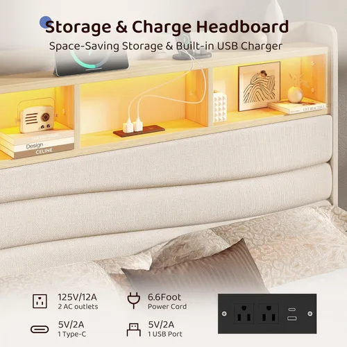 Miniatura 3 de BRELTAM Base de cama tamaño King con 6 cajones de almacenamiento, plataforma tapizada de lino con estación de carga y luces LED, diseño de cabecera
