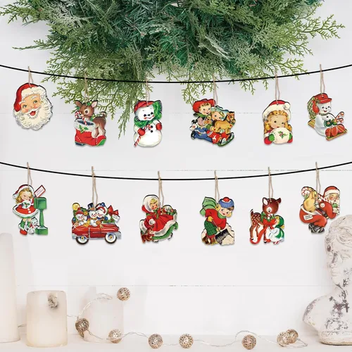 Miniatura 7 de 36 adornos de Navidad vintage para decoración de árboles, adornos retro de madera con niña, muñeco de nieve, decoración navideña de reno para árbol