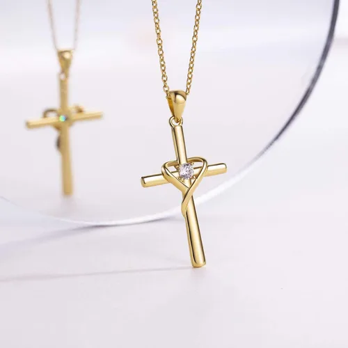 Miniatura 3 de AmorAime Collar con cruz de plata de ley 925 para mujeres y hombres, chapado en oro de 14 quilates, collares de piedra natal de circonita cúbica 5A
