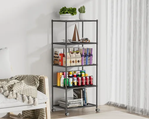 Miniatura 3 de OVICAR Estante de almacenamiento con ruedas – Estantería ajustable de alambre de malla de 5 niveles, estante de almacenamiento de metal para cocina