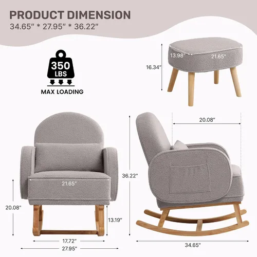 Miniatura 2 de HCHAIRH Mecedora para guardería con otomana, mecedora tapizada con respaldo alto y bolsillo lateral, sillón con patas de madera maciza para Gris