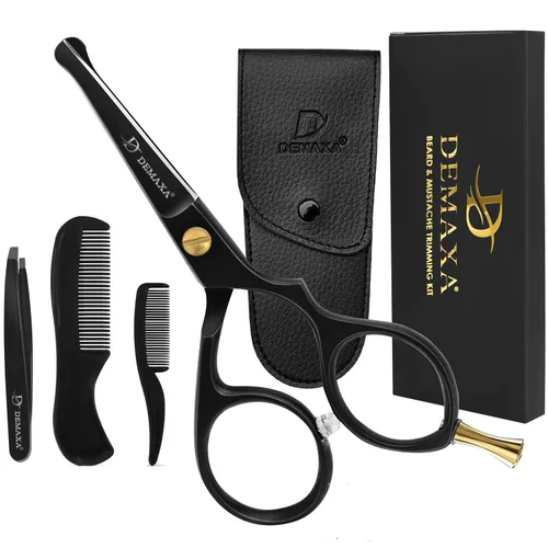 Tijeras profesionales para bigote de punta roma 4.2 prémium para hombres con pinzas inclinadas, 1 peine para bigote, 1 peine y bolsa para barba -