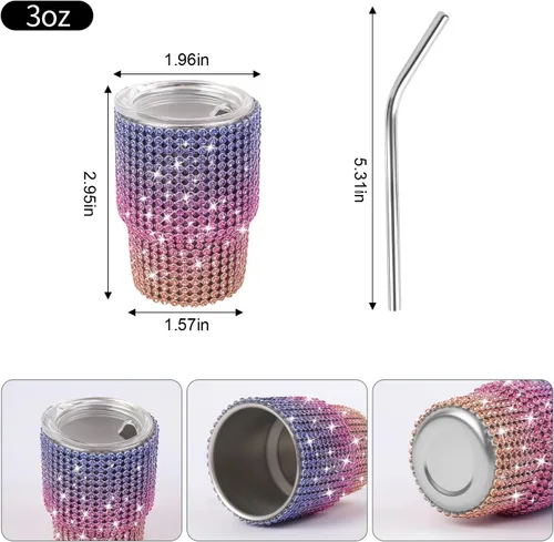 Miniatura 2 de INSTOME Vaso de Chupito Tumbler con Brillos de 3 oz - Mini Vasos con Incrustaciones de Pedrería con Pajitas, Brillo Tipo Diamante para Fiestas
