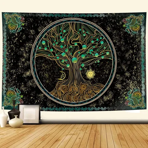 Miniatura 7 de Naykow Árbol de la vida, bohemio, sol, luna, naturaleza, lindo tapiz verde para pared, mandala espiritual, chakras, grunge, tapices para colgar