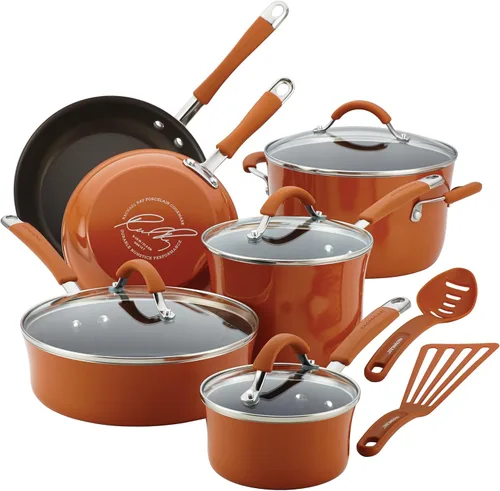 Rachael Ray Cucina - Juego de ollas y sartenes antiadherentes, 12 piezas, color naranja calabaza Naranja (Pumpkin Orange)