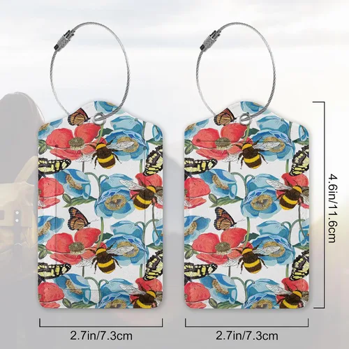 Miniatura 23 de Juego de 2 etiquetas de cuero para equipaje con diseño de mariposas y loto, cubierta de privacidad, etiqueta de maleta con lazo de acero inoxidable