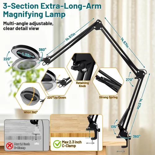 Miniatura 2 de 15X Magnifying Glass with Light and Clamp, 84 LED Hands-Free Lighted Magnifying Glass with Clamp, 3-Section Arm 5 Color Modes Dimming LED Desk