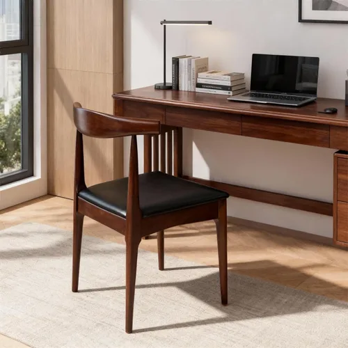 Miniatura 2 de Juego de 2 sillas de comedor de madera maciza, diseño moderno de espina de horquilla de mediados de siglo con elegante tapicería de cuero, sillas