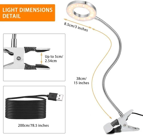 Miniatura 5 de LAVEN - Lámpara de escritorio, 7 W LED con clip para libros, cuidado ocular USB, brillo de 2 niveles, 2 modos