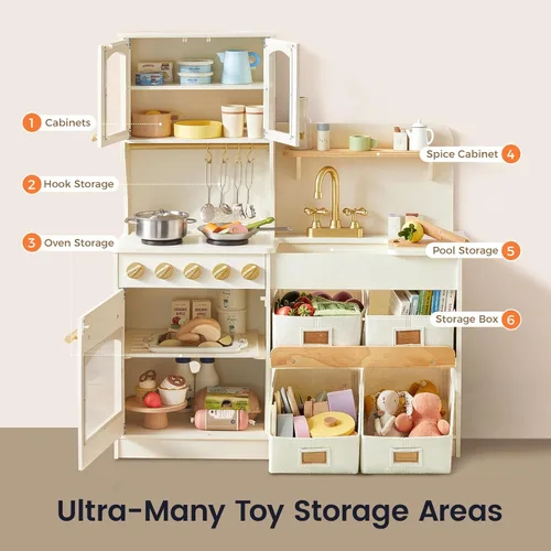 Miniatura 4 de Tiny Land - Cocina de juguete para niños, de madera, con sistema de almacenamiento, juego de cocina con muchas funciones de juego, de juguete