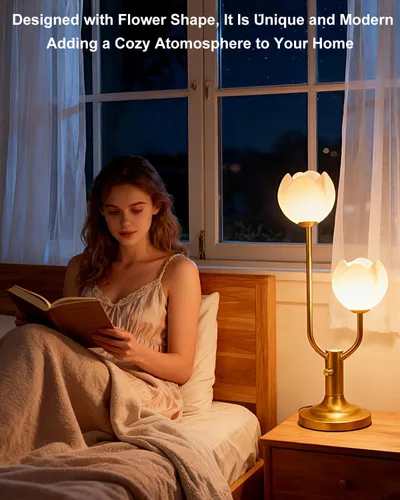 Miniatura 2 de Lightdot Lámpara de Mesa de Flores Doradas para Dormitorio, 2 Cabezas Florales 3000K Luz Blanca Cálida Regulable Lámparas de Mesita de Noche