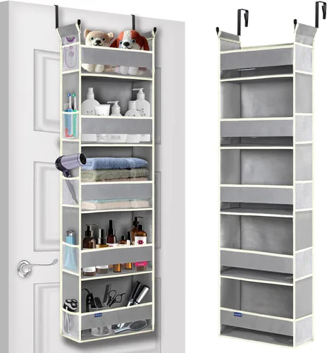 Miniatura 10 de Organizador sobre la puerta, 6 estantes y 12 bolsillos laterales, almacenamiento sobre la puerta para baño, dormitorio, guardería, organizadores