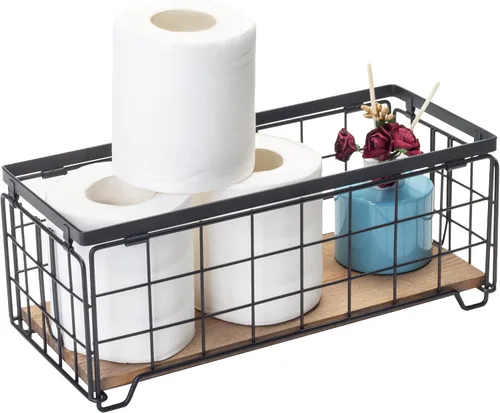 Miniatura 7 de Cesta de almacenamiento de alambre de metal, soporte para rollo de papel higiénico, base de madera, caja de decoración de encimera, estante de Negro