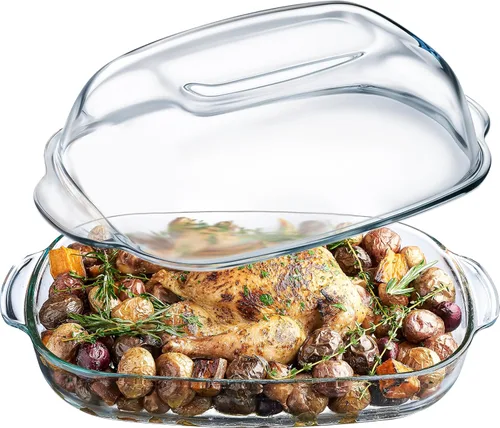 Simax Cacerola para horno: plato de vidrio para hornear con tapa alta – Utensilios de cocina aptos para microondas, horno y lavavajillas,