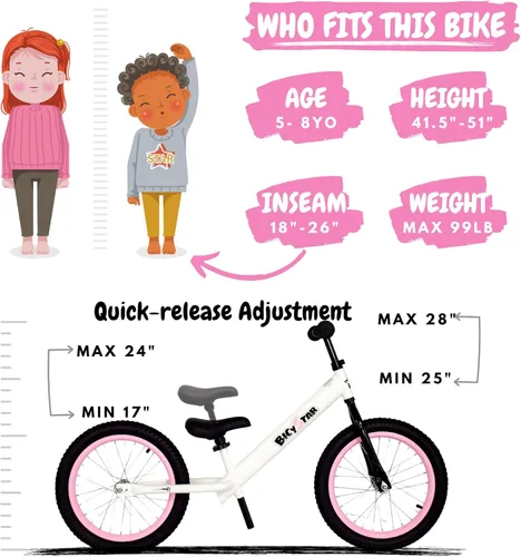Miniatura 2 de Bicystar Bicicleta de equilibrio para niños de 16 pulgadas para niños de 5 a 8 años, sin pedales, neumáticos de aire, reposapiés, altura ajustable