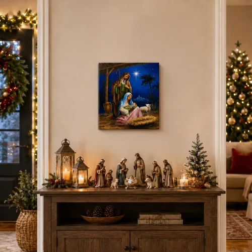 Miniatura 3 de BANBERRY DESIGNS Nativity - Lienzo decorativo para pared, cuadro LED de la Sagrada Familia con María José y el Niño Jesús, escena de establo