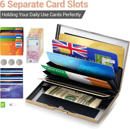 Miniatura 96 de BONSYL® Soporte para tarjetas de crédito, cartera delgada de metal con bloqueo RFID, con 6 ranuras para tarjetas, para mujeres y hombres.