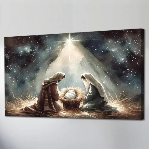 Miniatura 40 de TIMUBA Arte de pared de pesebre navideño, impresiones en lienzo de belén, imagen de póster cristiano de Jesús de noche estrellada, pintura