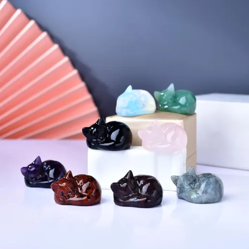 Miniatura 4 de Decoración de cristales de gato de granate natural, estatua de gato dormido, piedras preciosas pulidas de cristal curativo, piedras preciosas