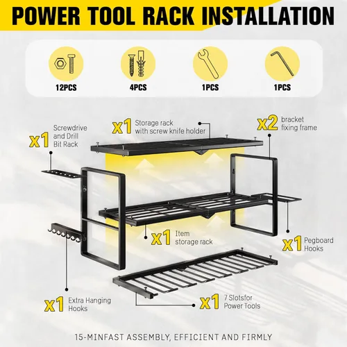 Miniatura 2 de Organizador de Herramientas Eléctricas para Montaje en Pared - Carga de 300 Libras, Estante de Almacenamiento de 3 Niveles con 7 Portataladros