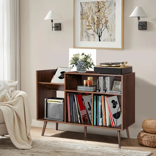 Miniatura 8 de Soporte grande para tocadiscos, mesa de almacenamiento de discos de vinilo de mediados de siglo con patas de madera y almacenamiento de discos