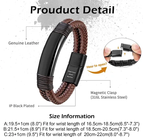 Miniatura 6 de murtoo Pulsera para hombre de cuero y acero, pulseras trenzadas de doble fila para hombres con cierre magnético de acero inoxidable, regalo elegante