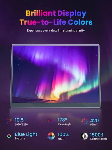 Miniatura 3 de Monitor portátil con soporte de 10.5 pulgadas, ultra delgado, mini 16:10 FHD, visión amplia de 178°, cuidado ocular 1500:1,100% sRGB, monitor