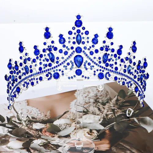 Miniatura 7 de CURASA Coronas de reina de cristal azul real, hermosas tiaras para princesas y niñas, coronas de cumpleaños para mujeres, exquisitos accesorios