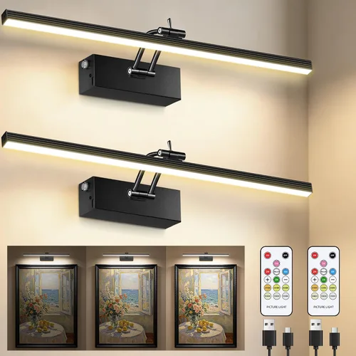Miniatura 8 de Paquete de 4 luces para cuadros de pared, iluminación de arte de 23 pulgadas para pinturas inalámbricas, batería recargable de 6400mAh operada por