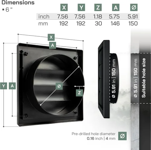 Miniatura 2 de Vent Systems Cubierta de ventilación de escape negra de 6 pulgadas - Capucha de ventilación de secadora - Cubierta de ventilación de conducto